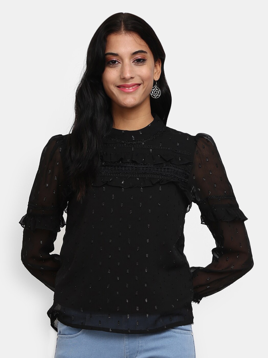 

V-Mart Black Embellished Embellished Ruffles Top