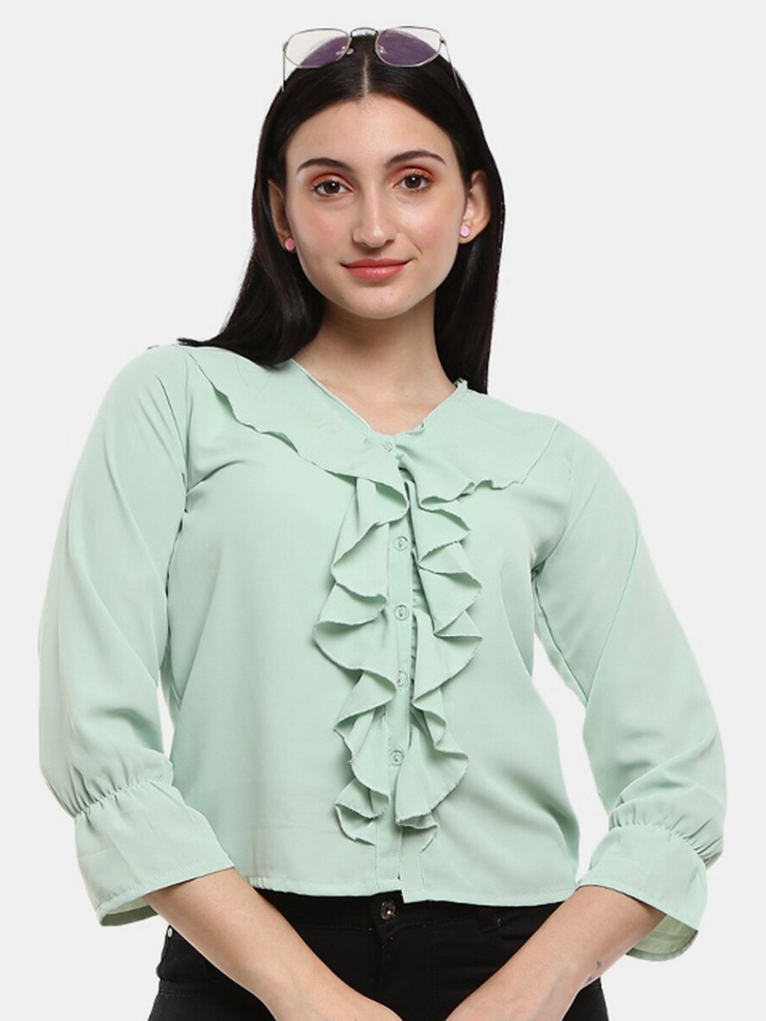 

V-Mart Green Tie-Up Neck Pure Cotton Top