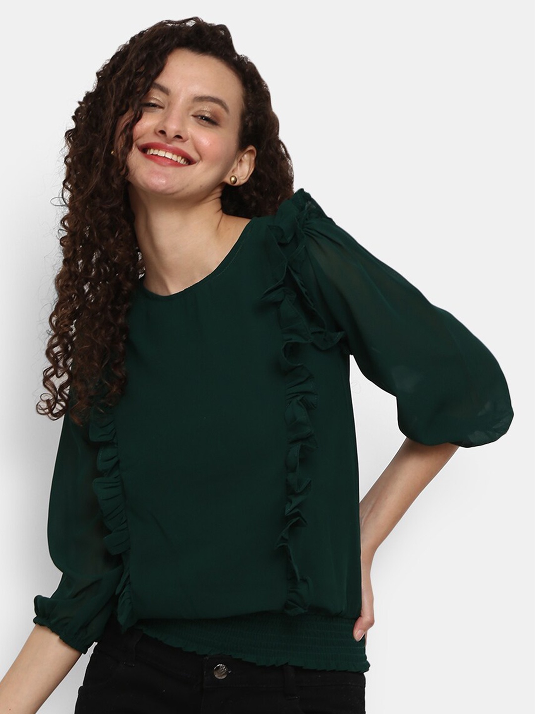 

V-Mart Women Green Ruffles Blouson Pure Cotton Top