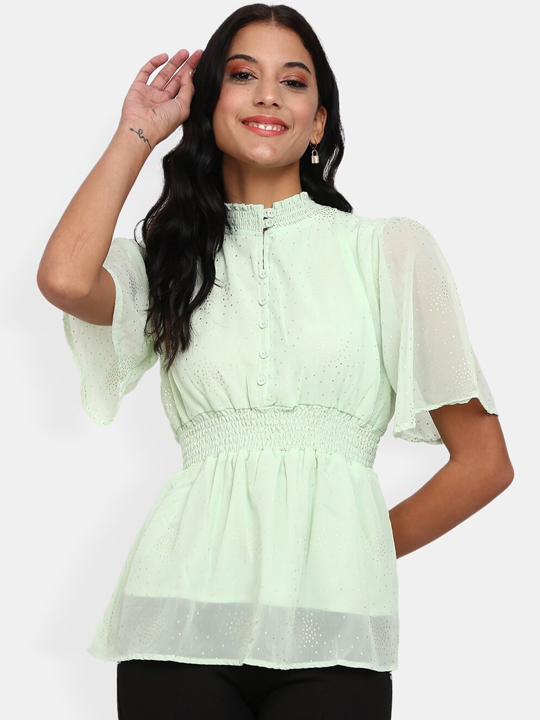 

V-Mart Women Green Georgette Cinched Waist Top
