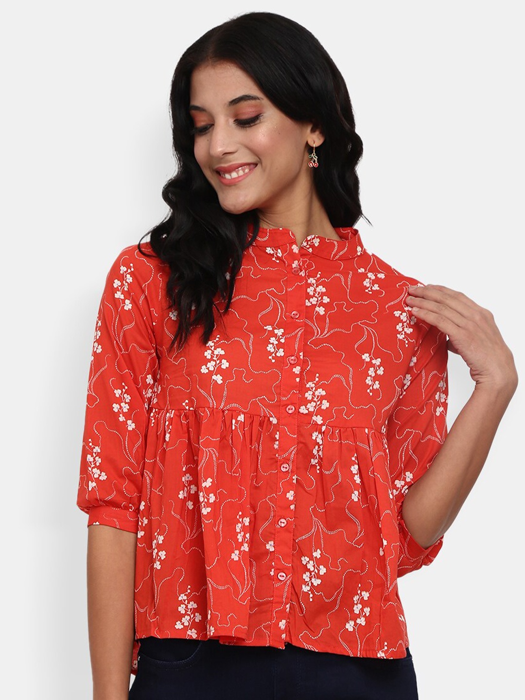 

V-Mart Orange Floral Print Mandarin Collar Pure Cotton Top