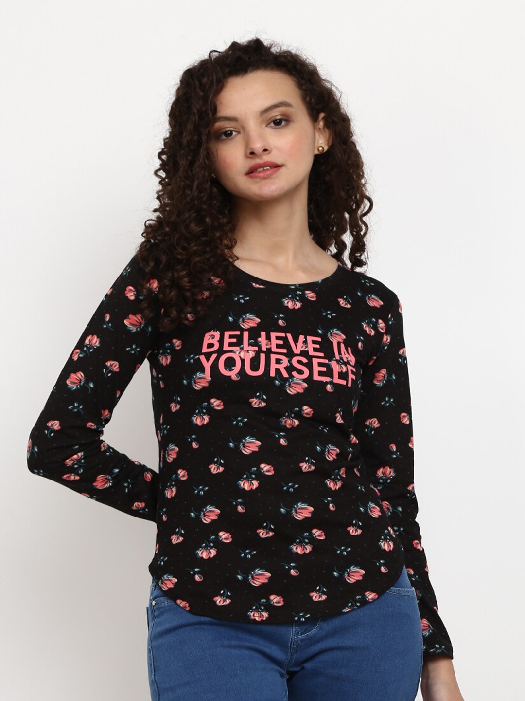 

V-Mart Women Black & Coral Floral Printed Pure Cotton Top