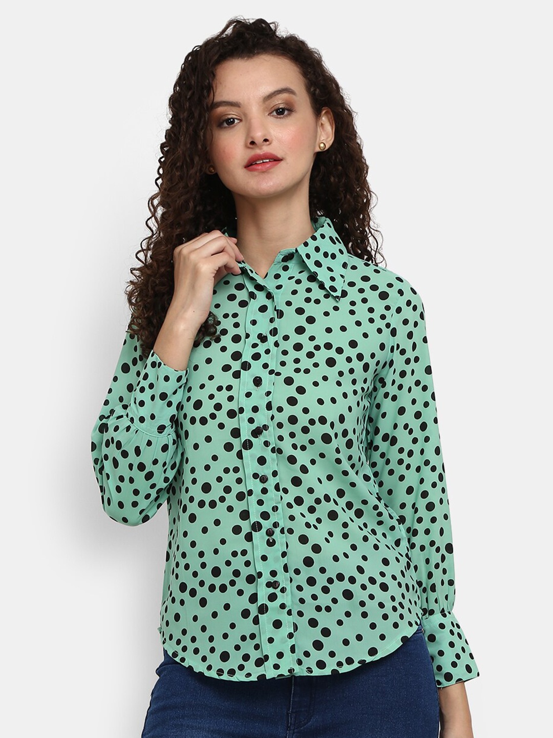 

V-Mart Women Green Polka Dot Printed Casual Cotton Shirt