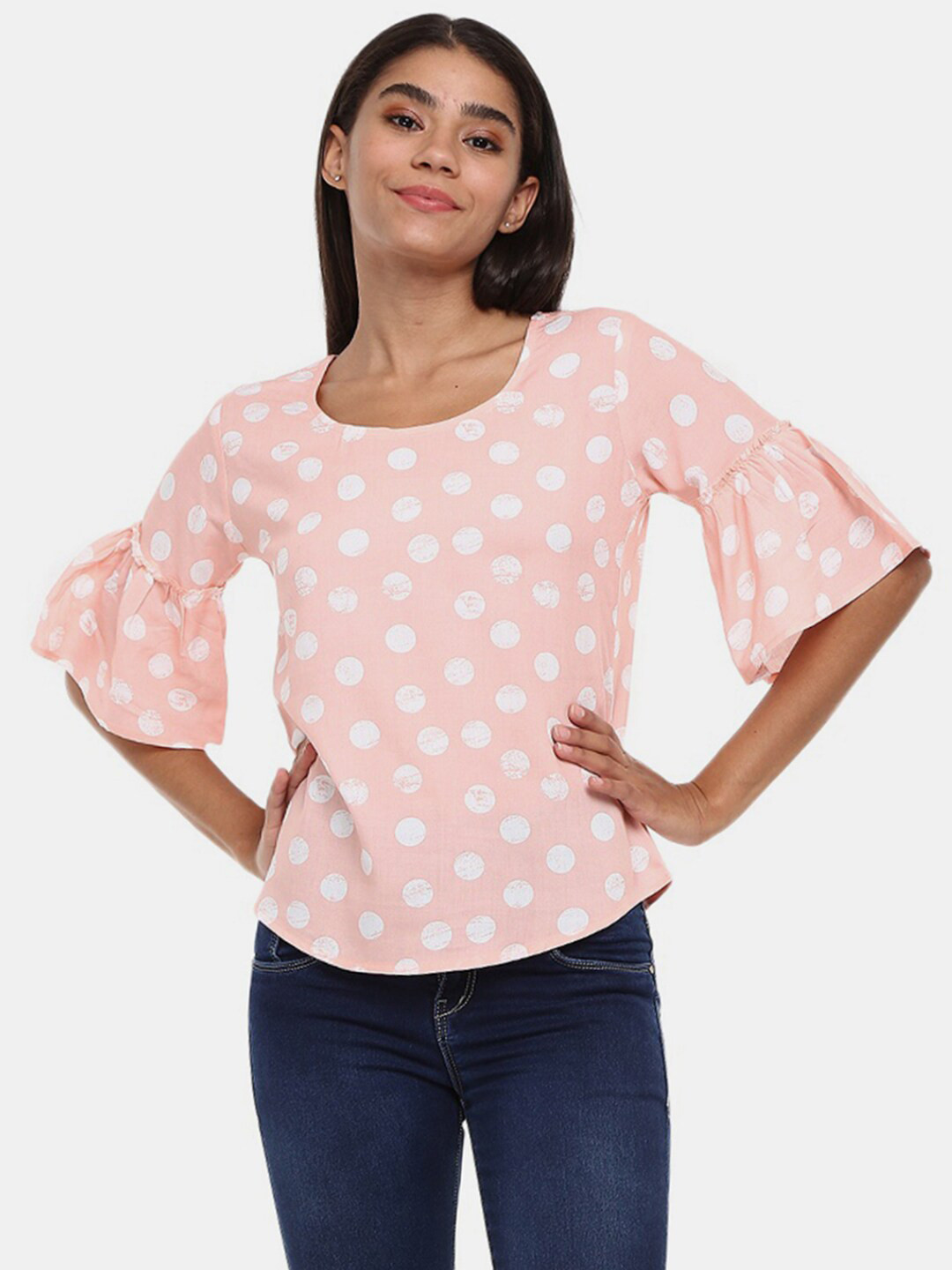

V-Mart Women Peach Polka Dots Printed Round Neck Top