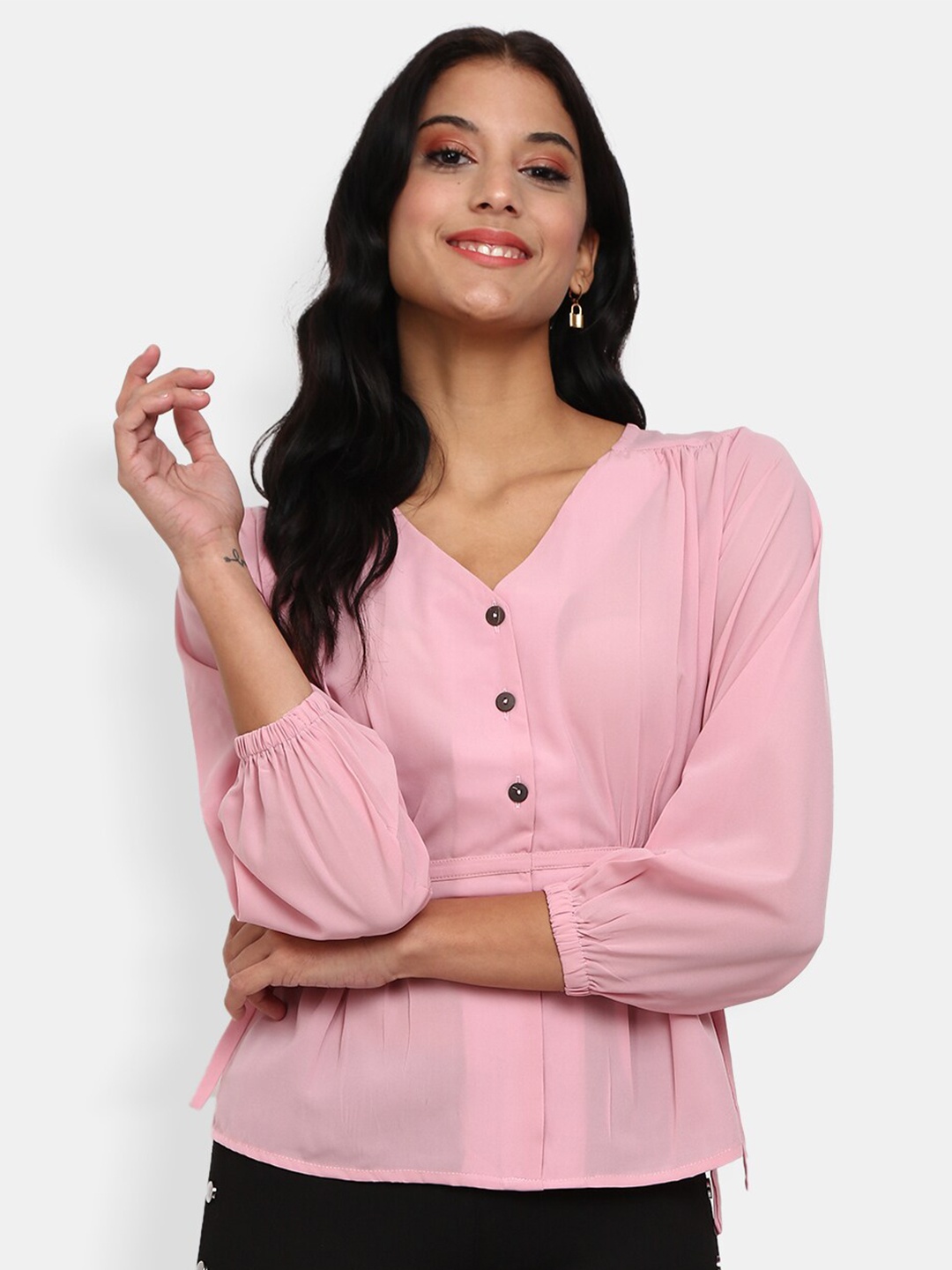 

V-Mart Women Pink Solid V-Neck Pure Cotton Cinched Waist Top
