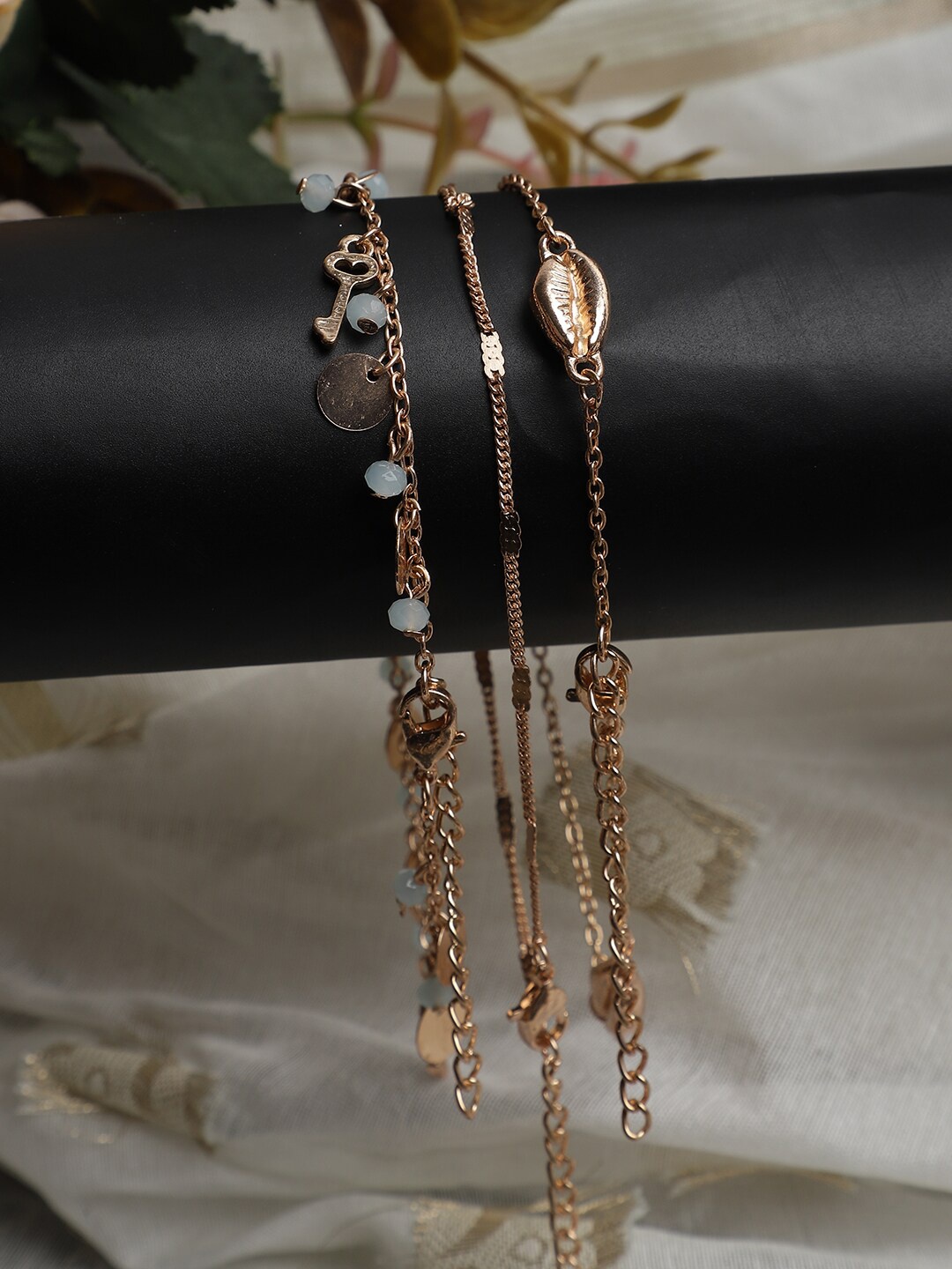 

Madame Rose Gold-Plated Stone-Studded 3 Layered Multi-Charm Anklet