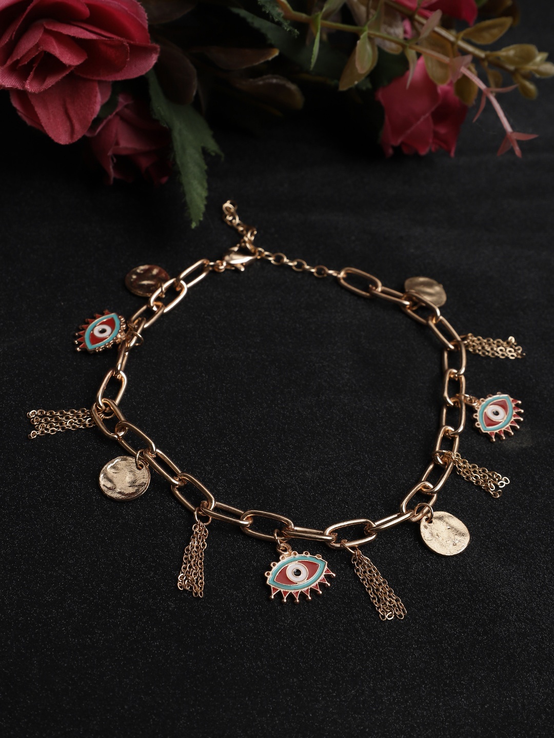 

Madame Women Rose Gold-Plated Evil Eye Tassel Anklet