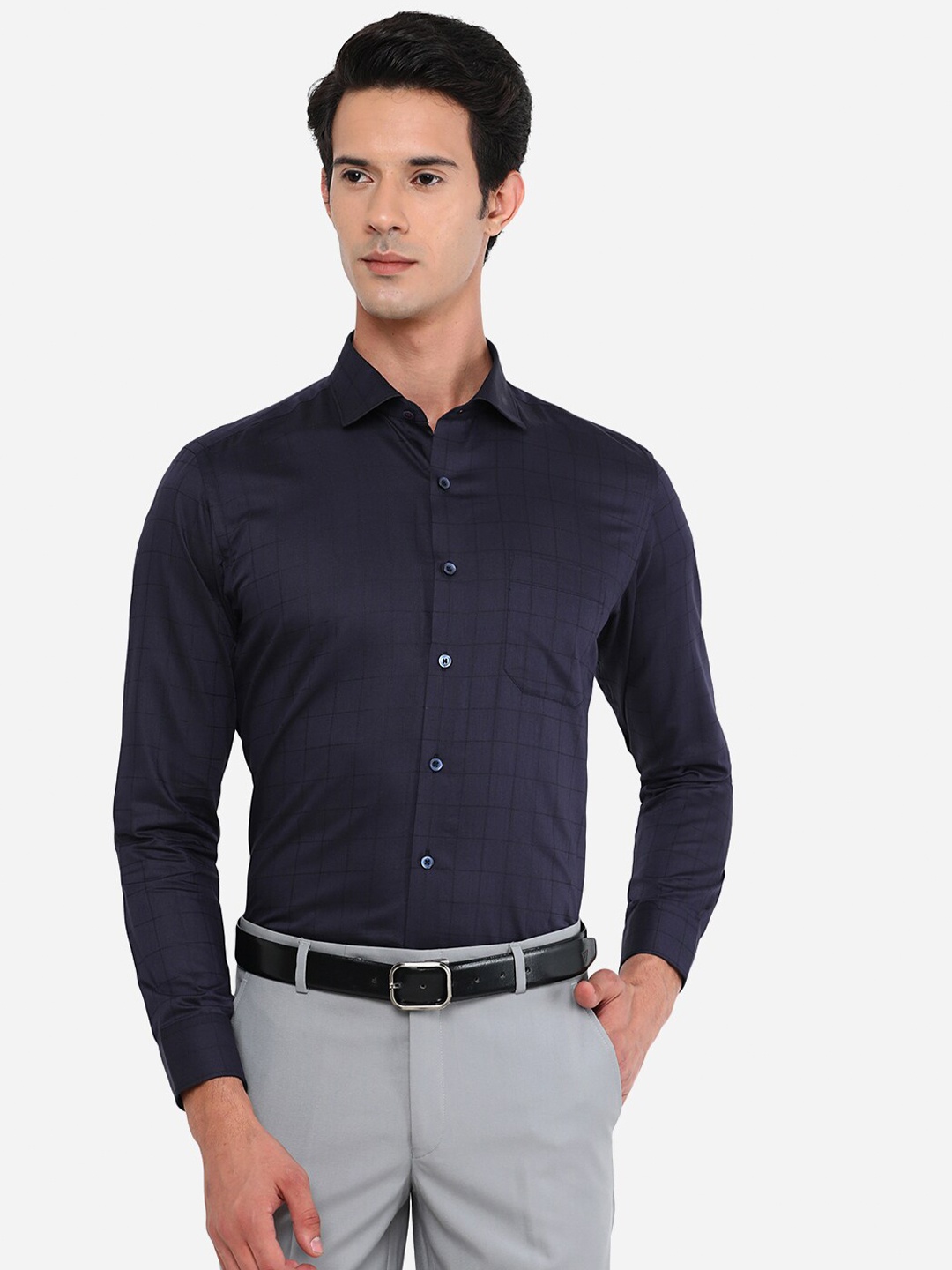 

Greenfibre Men Blue Cotton Slim Fit Checked Formal Shirt