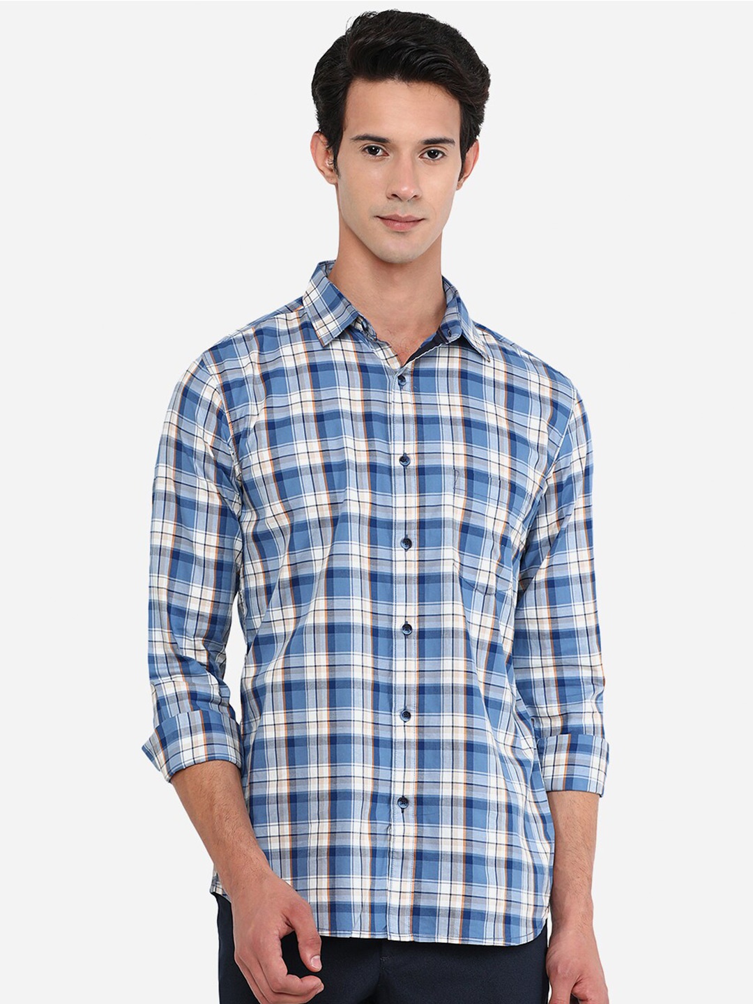 

JADE BLUE Men Blue Slim Fit Tartan Checked Pure Cotton Casual Shirt