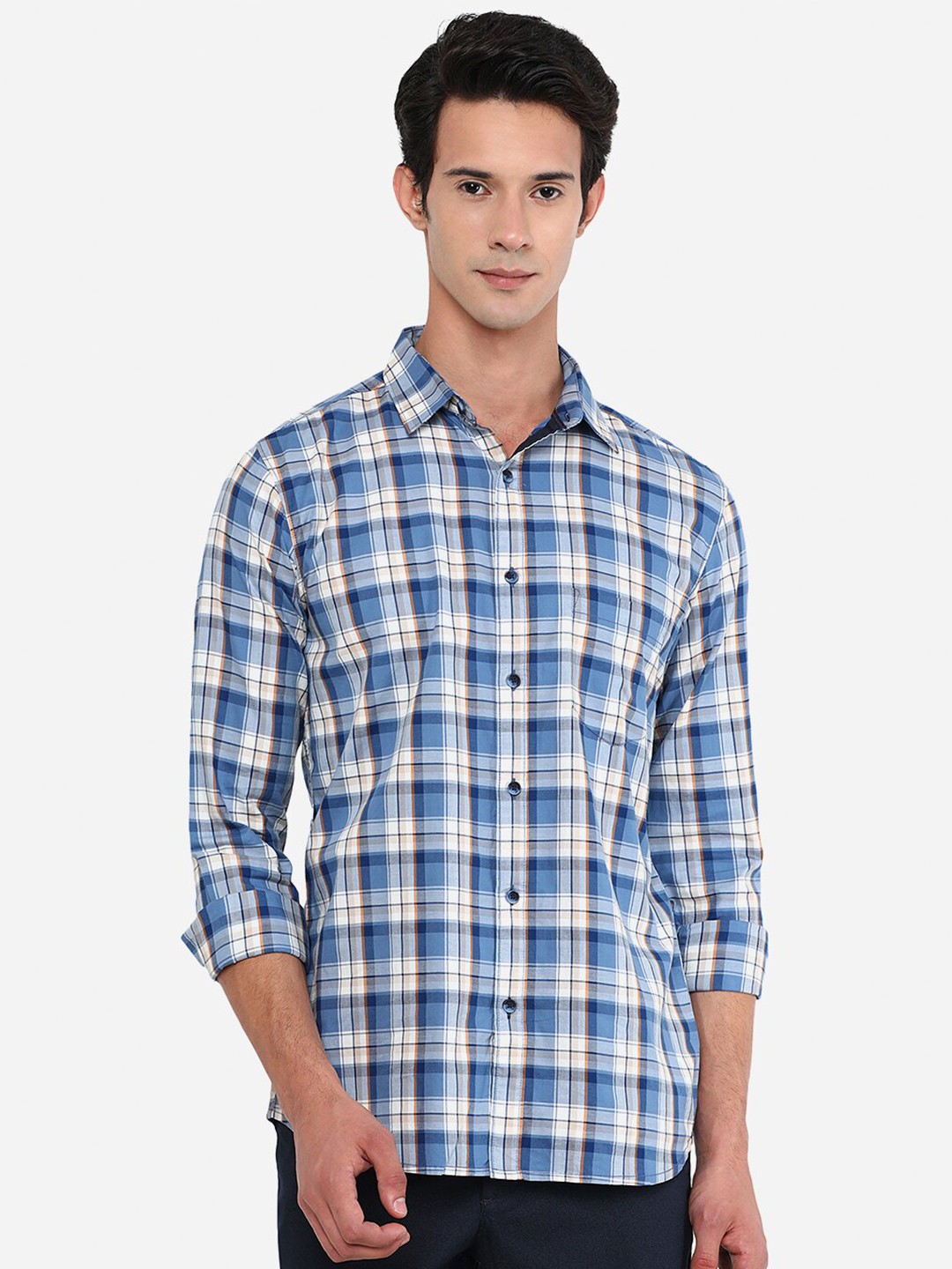 

JADE BLUE Blue Slim Fit Tartan Checked Pure Cotton Casual Shirt