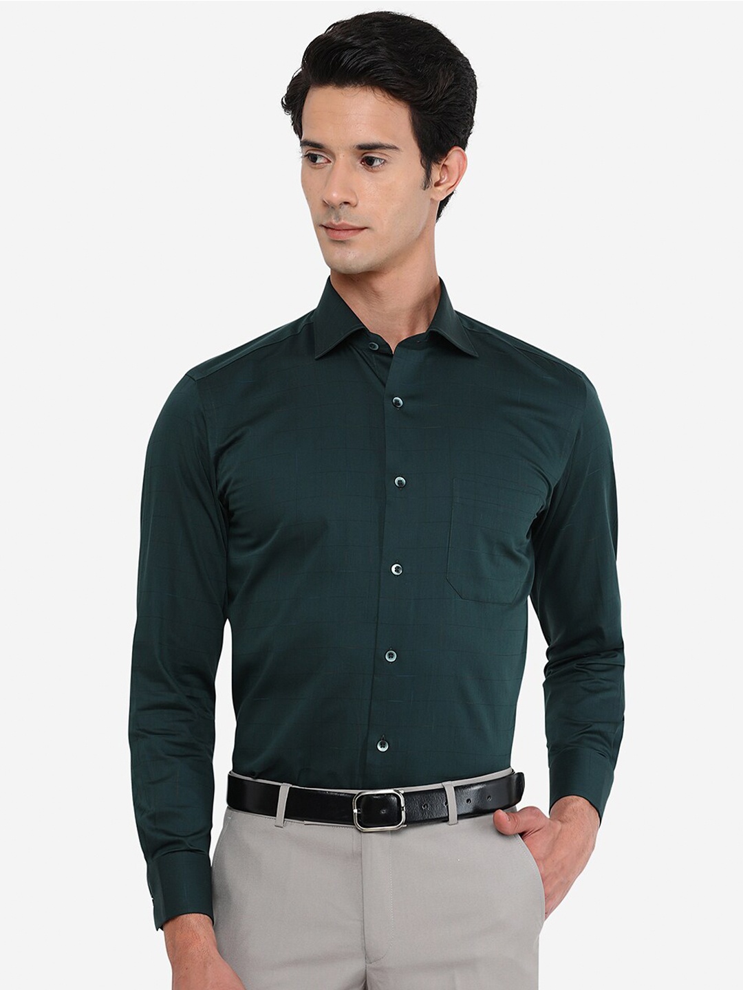 

METAL Men Green Slim Fit Windowpane Checked Formal Shirt