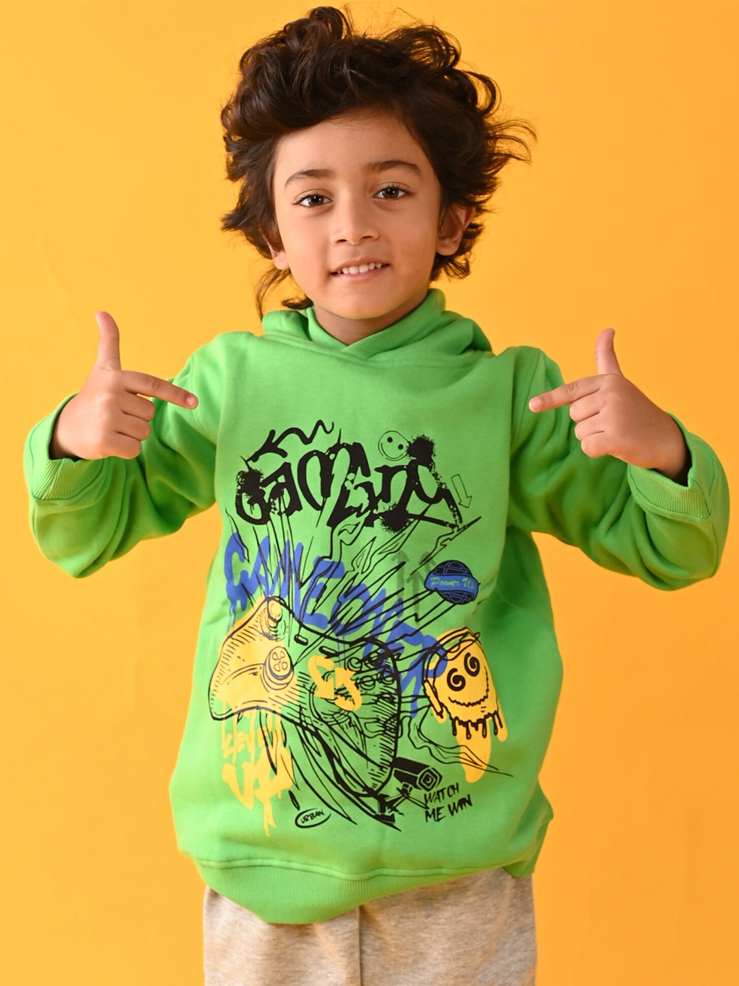 

Anthrilo Boys Green Fleece Printed Hooded Sweatshirt