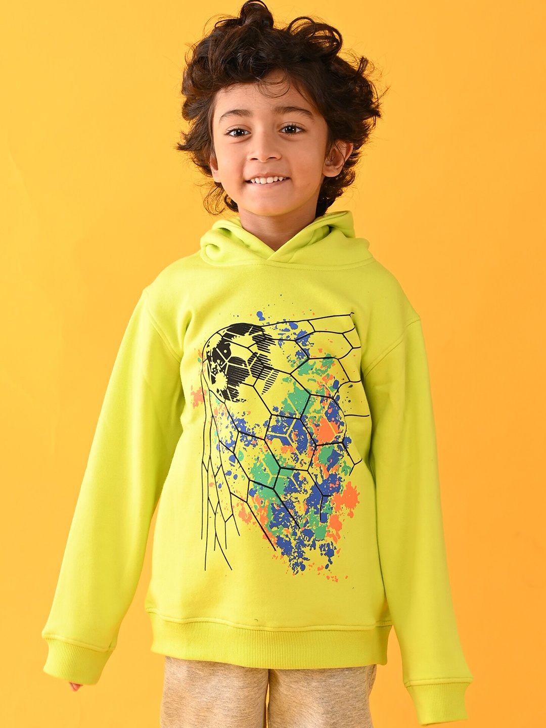 

Anthrilo Boys Lime Green Fleece Printed Hooded Sweatshirt