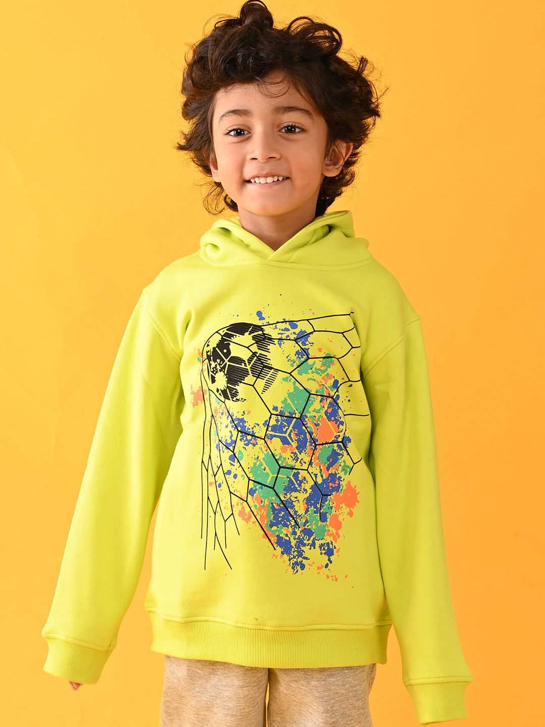 

Anthrilo Boys Lime Green Fleece Printed Hooded Sweatshirt