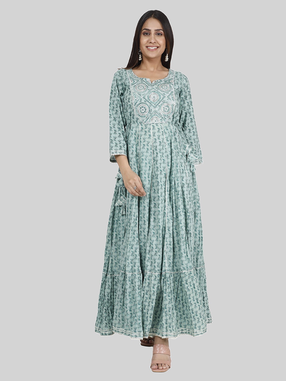 

SKY SHOPPIE Women Sea Green Embroidered Cotton Anarkali Ethnic Dress