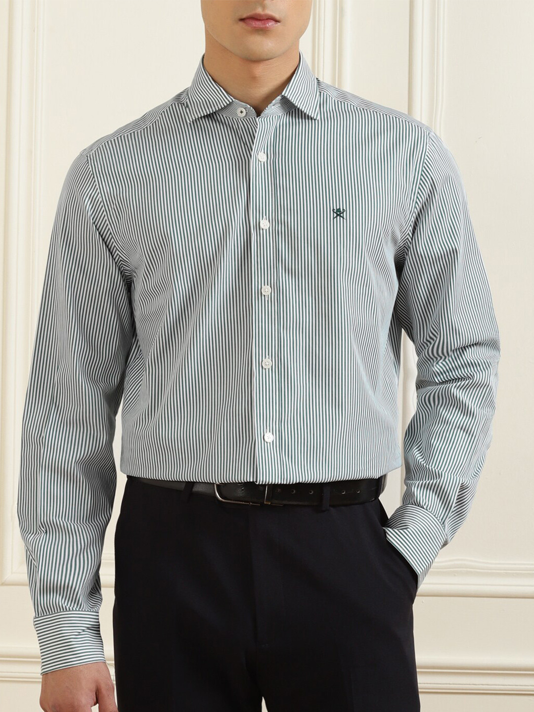 

HACKETT LONDON Men White & Green Striped Cotton Formal Shirt