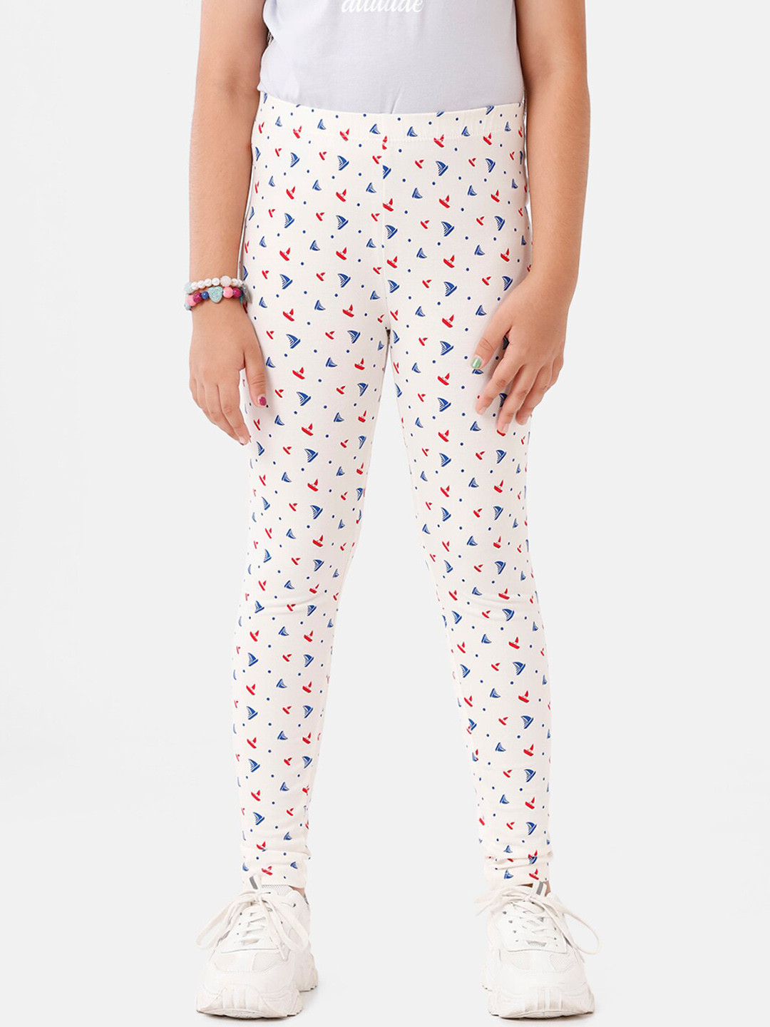

De Moza Girls Off White Printed Cotton Ankle-Length Leggings