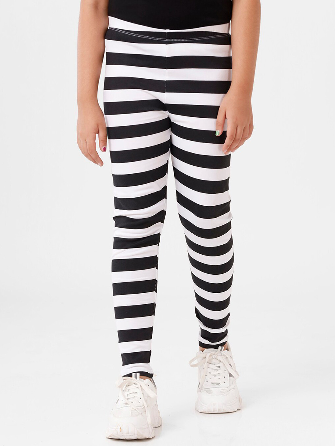 

De Moza Girls Black & White Striped Cotton Ankle-Length Leggings