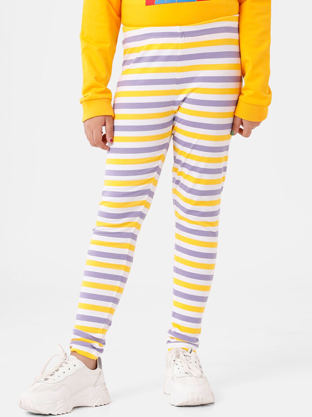 

De Moza Girls Yellow Striped Pure Cotton Relax-Fit Leggings