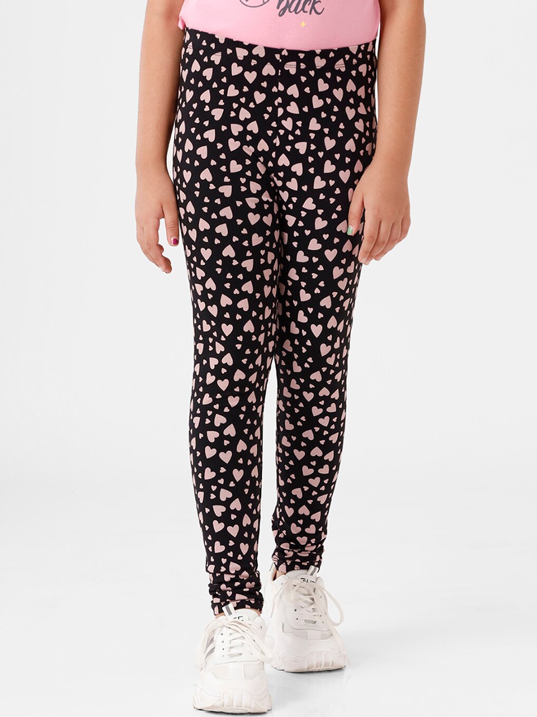 

De Moza Girls Black & Pink Printed Cotton Churidar-Length Leggings