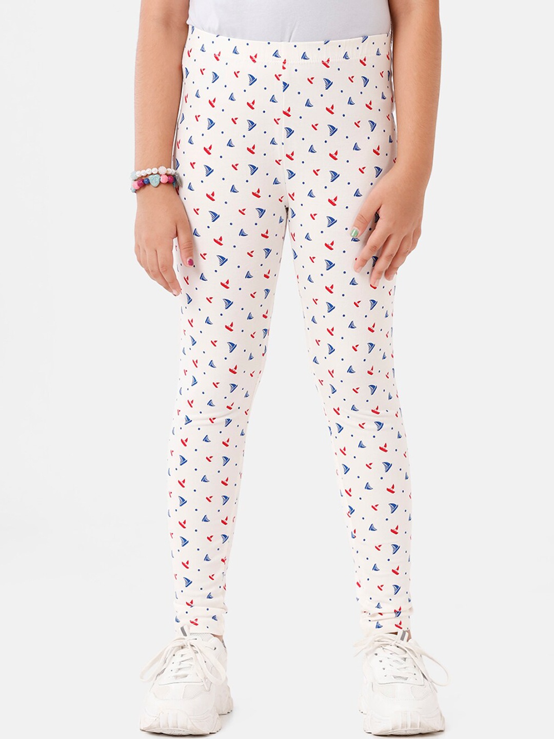 

De Moza Girls Off-White & Blue Printed Ankle Length Leggings