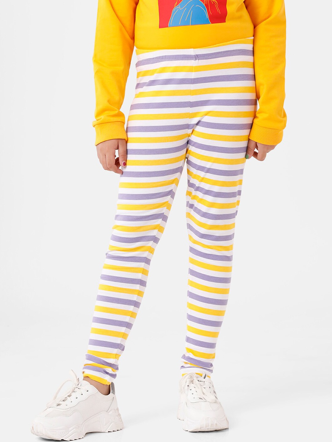 

De Moza Girls Yellow & Purple Striped Cotton Ankle-Length Leggings