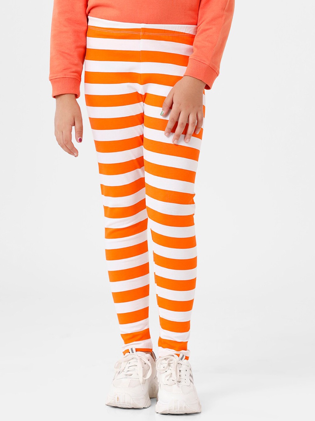 

De Moza Girls Orange & White Striped Cotton Ankle-Length Leggings