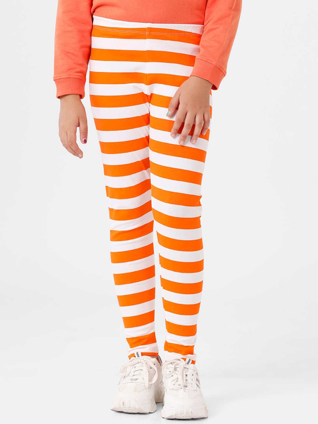 

De Moza Girls Orange Colored & White Striped Cotton Ankle Length Leggings