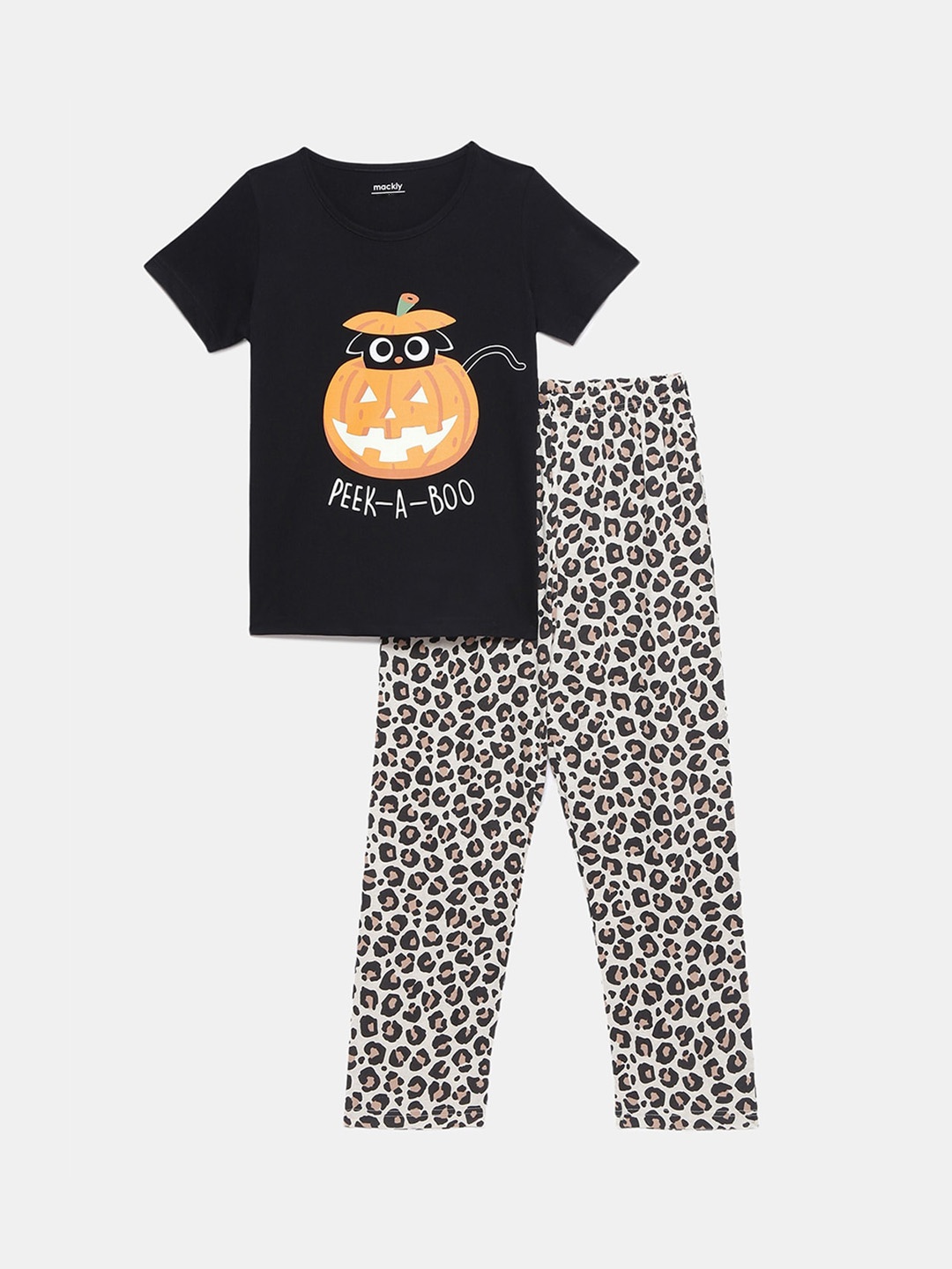 

mackly Girls Black & White Printed Cotton Night suit