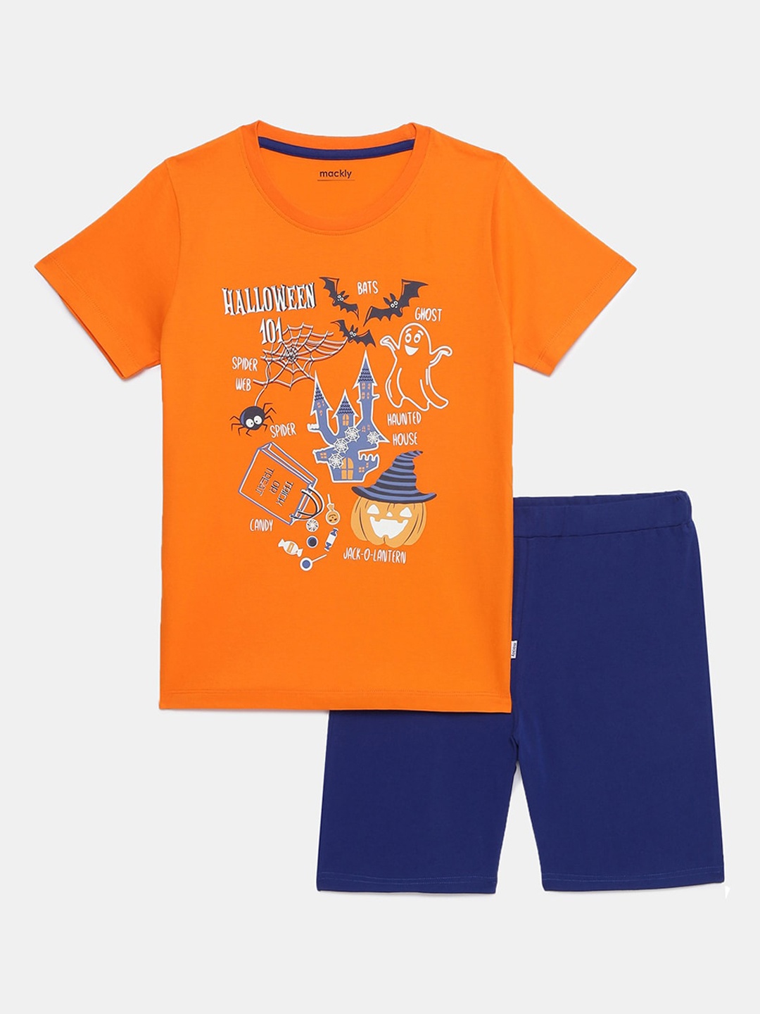 

mackly Boys Orange & Blue Printed Cotton Night suit