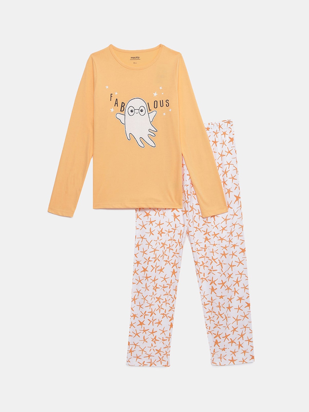 

mackly Girls Orange & White Pure Cotton Printed Night suit