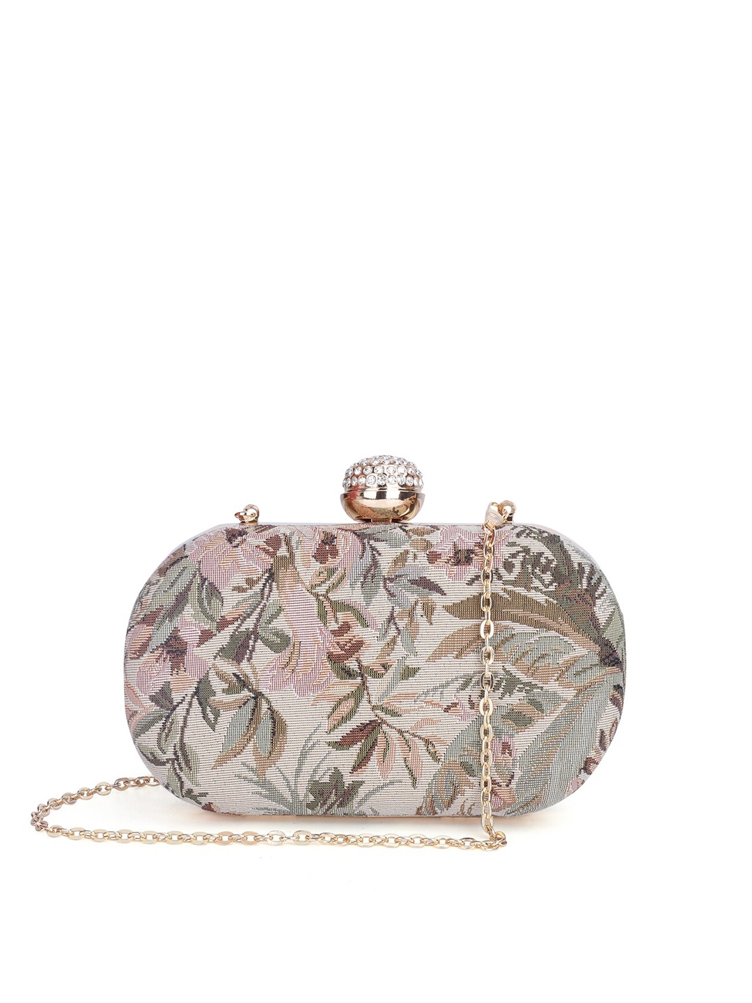 

THE CLOWNFISH Beige & Green Printed Box Clutch