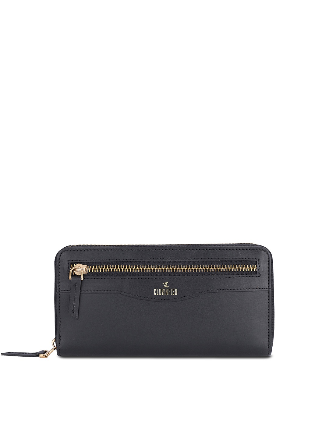 

THE CLOWNFISH Eliana Women Black & Gold-Toned Leather Zip Around Wallet