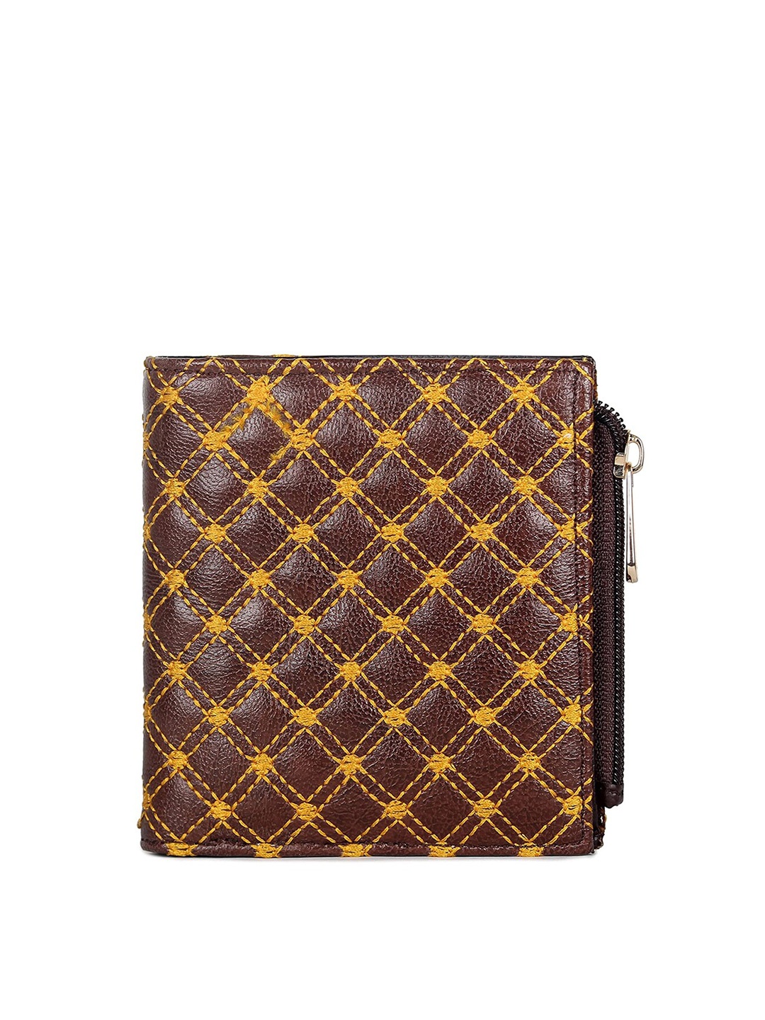 

THE CLOWNFISH Zoya Brown & Yellow Geometric Textured Zip Around Wallet