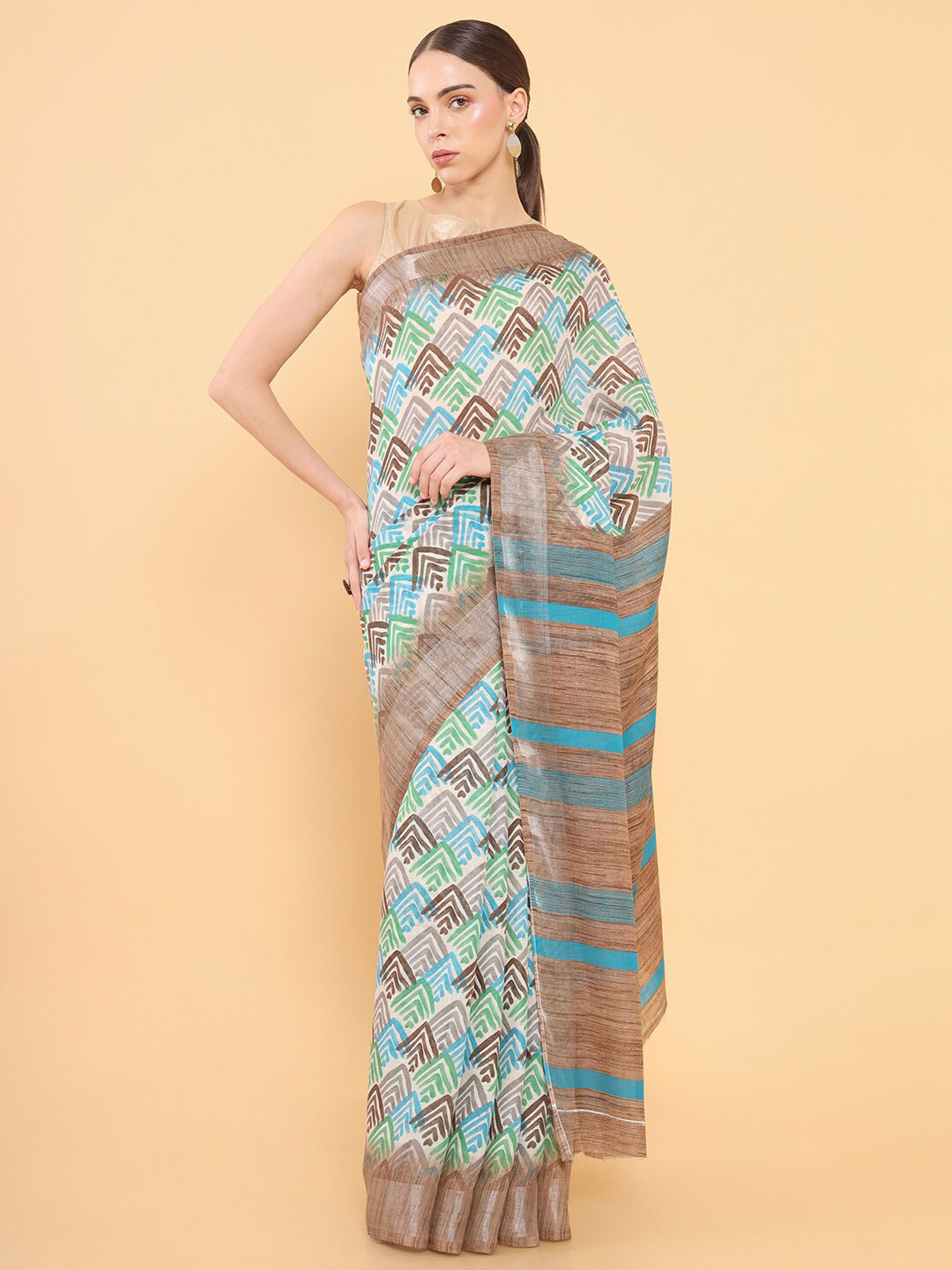 

Soch Turquoise Blue & Green Printed Silk Blend Saree