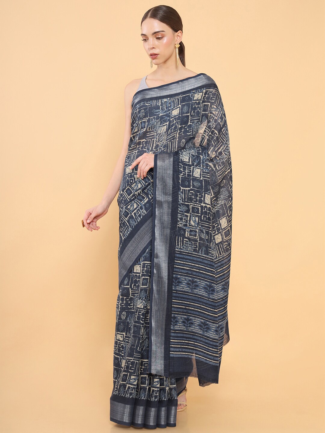 

Soch Navy Blue & Grey Batik Silk Blend Saree