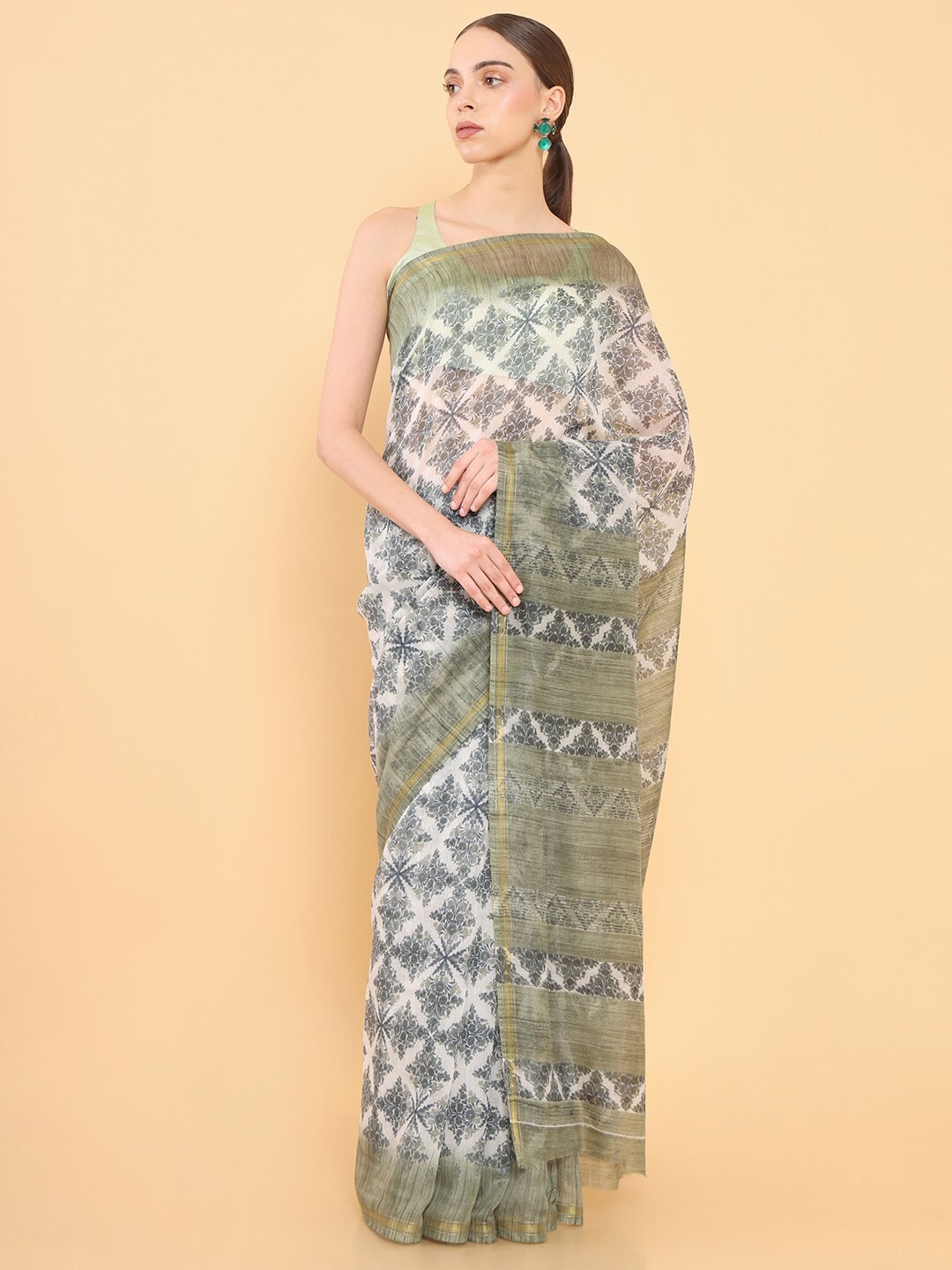 

Soch Women Olive Green & White Batik Printed Silk Blend Saree