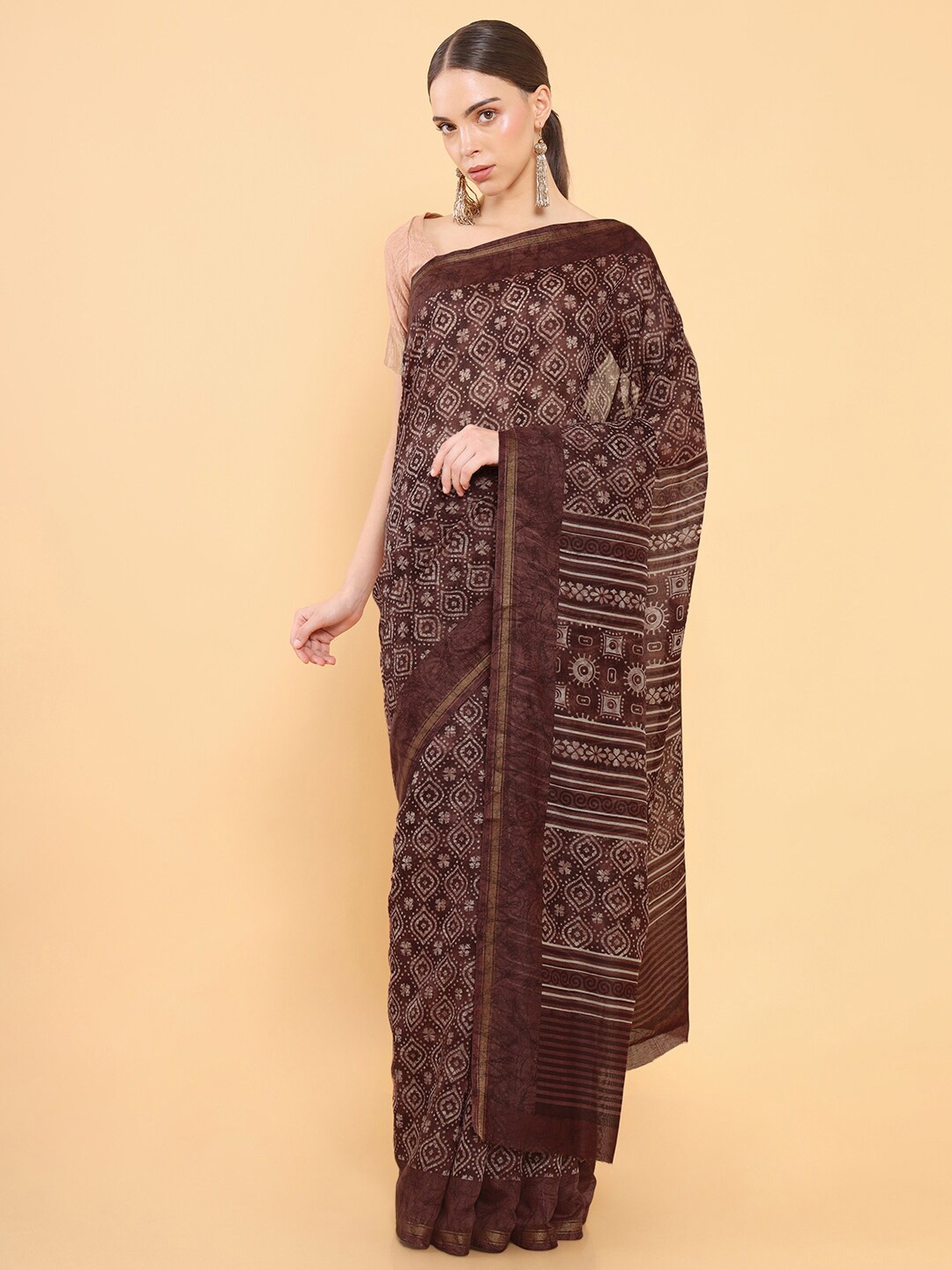 

Soch Brown & Off White Batik Printed Silk Blend Saree