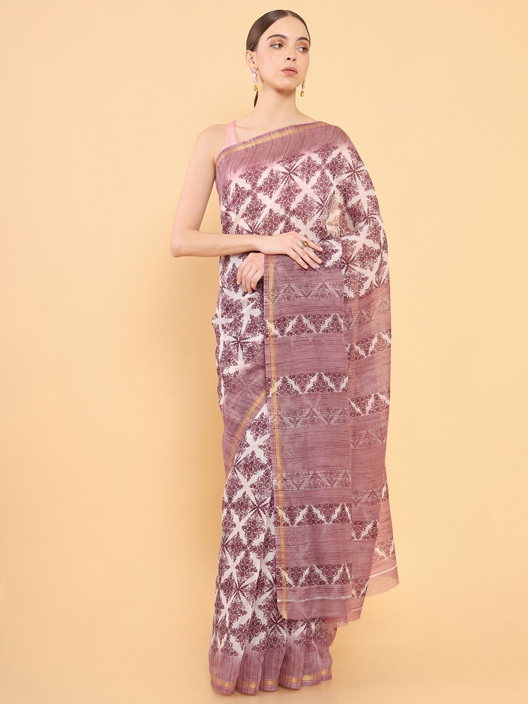 

Soch Purple & White Ethnic Motifs Printed Zari Silk Blend Saree