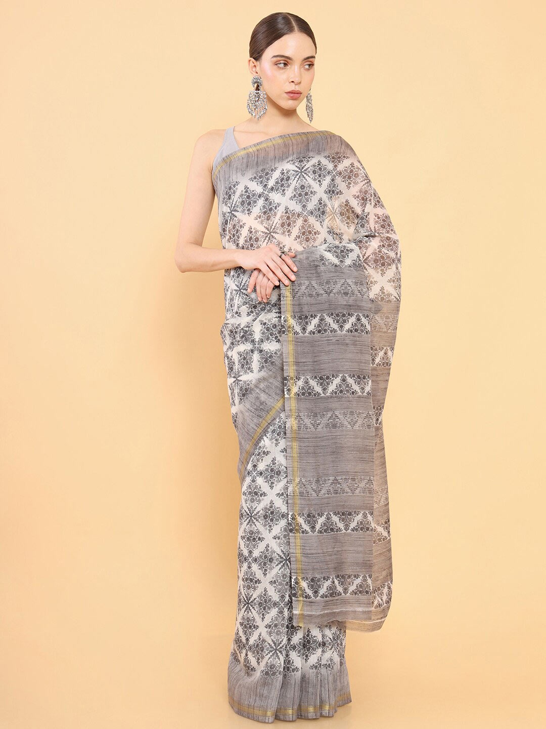 

Soch Grey & Off White Floral Printed Zari Saree