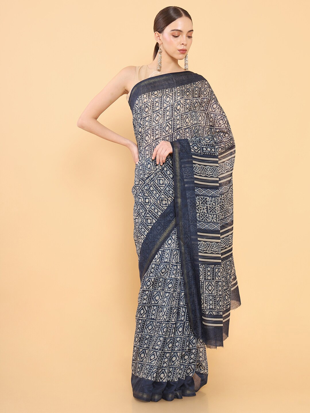 

Soch Navy Blue & Cream Batik Printed Silk Blend Saree