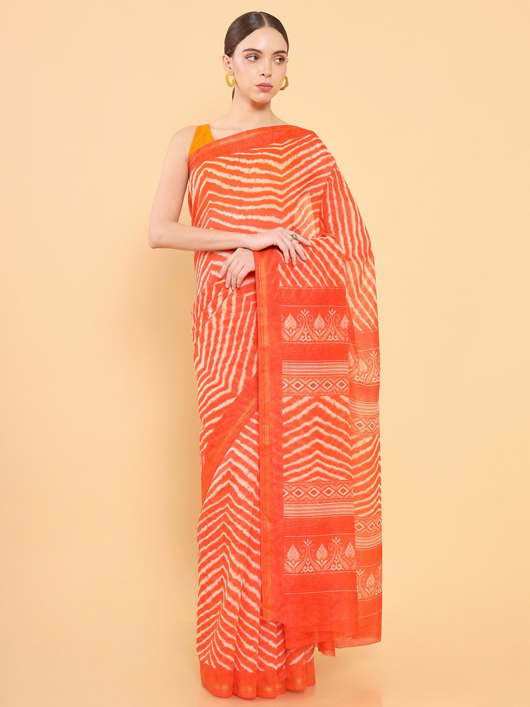 

Soch Orange & Cream-Coloured Batik Printed Saree
