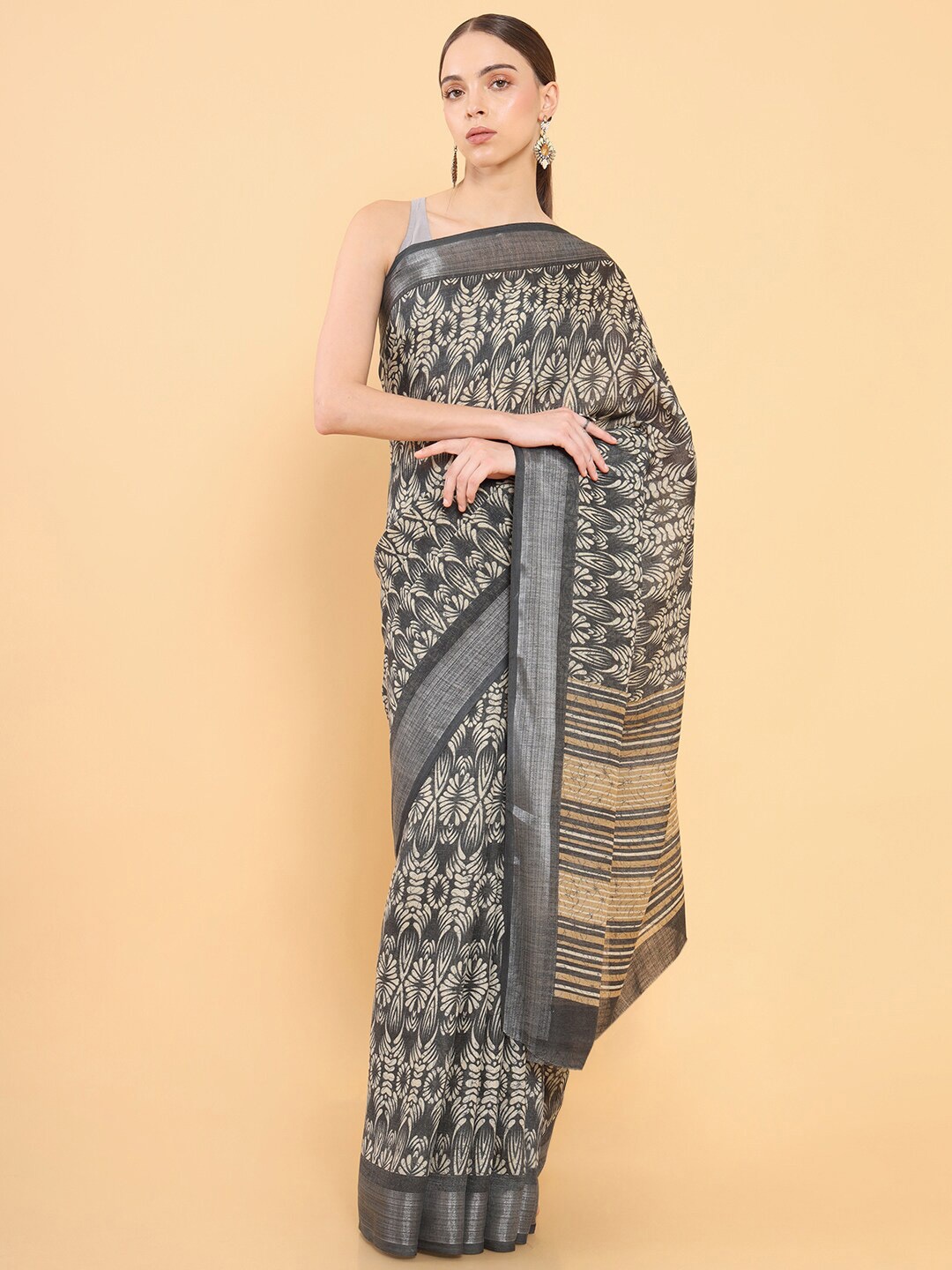 

Soch Charcoal & Beige Ethnic Motifs Zari Silk Blend Saree