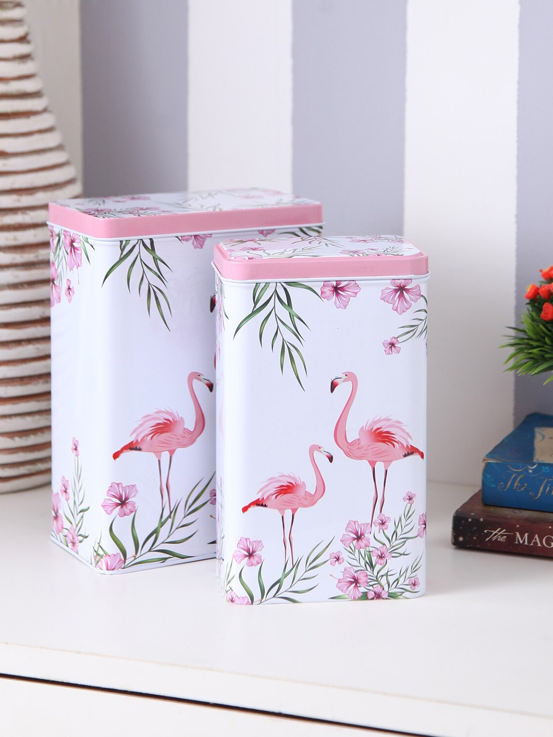 

A Vintage Affair- Home Decor White & Pink Set of 2 Printed Metal Storage Jars