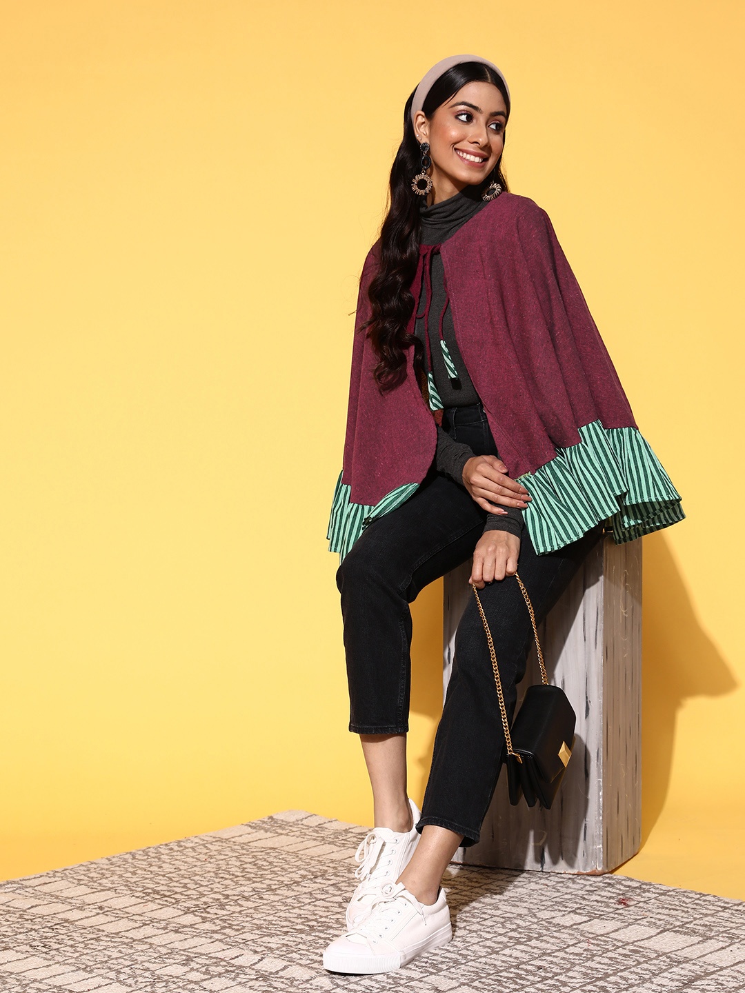 

InWeave Women Stunning Purple Striped Fluid Tie-Up Poncho