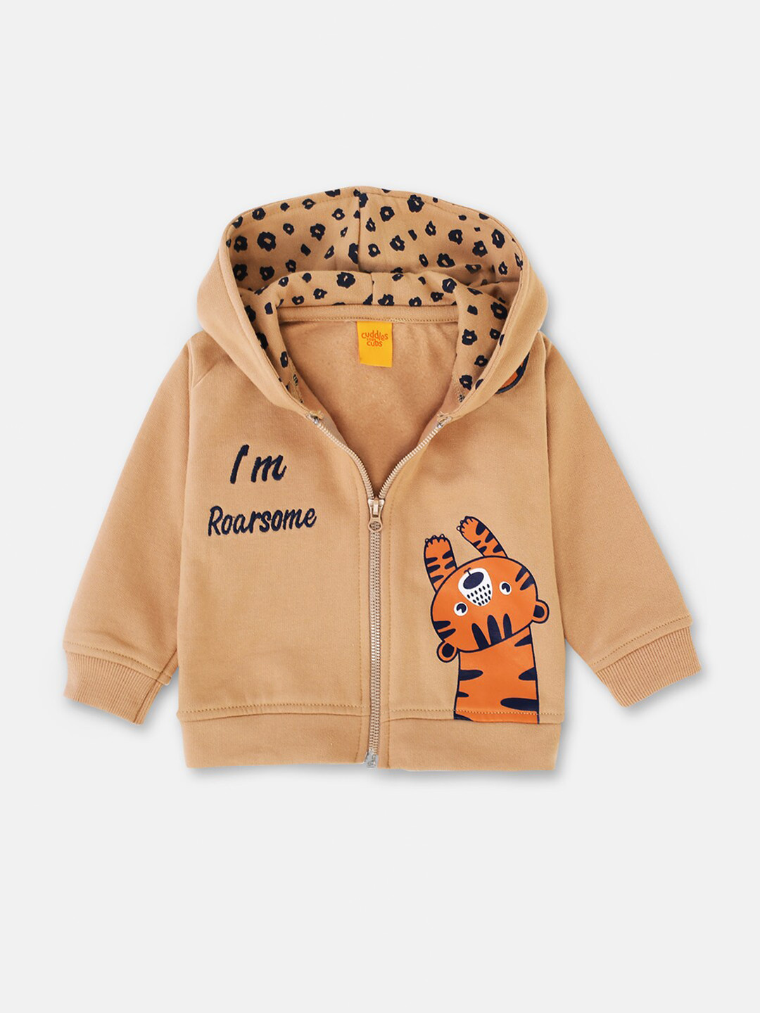 

Cuddles for Cubs Kids Coffee Brown Printed Fleece Hooded Sweatshirt