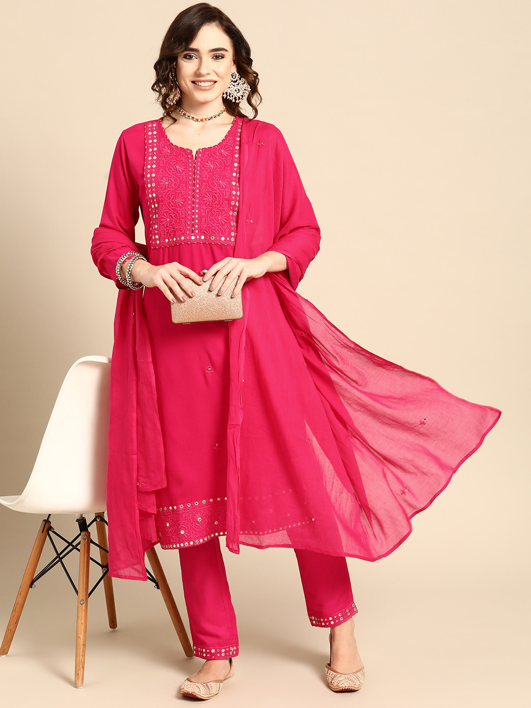 

Sangria Women Pink Ethnic Motifs Embroidered Thread Work Kurta with Trousers & With Dupatta