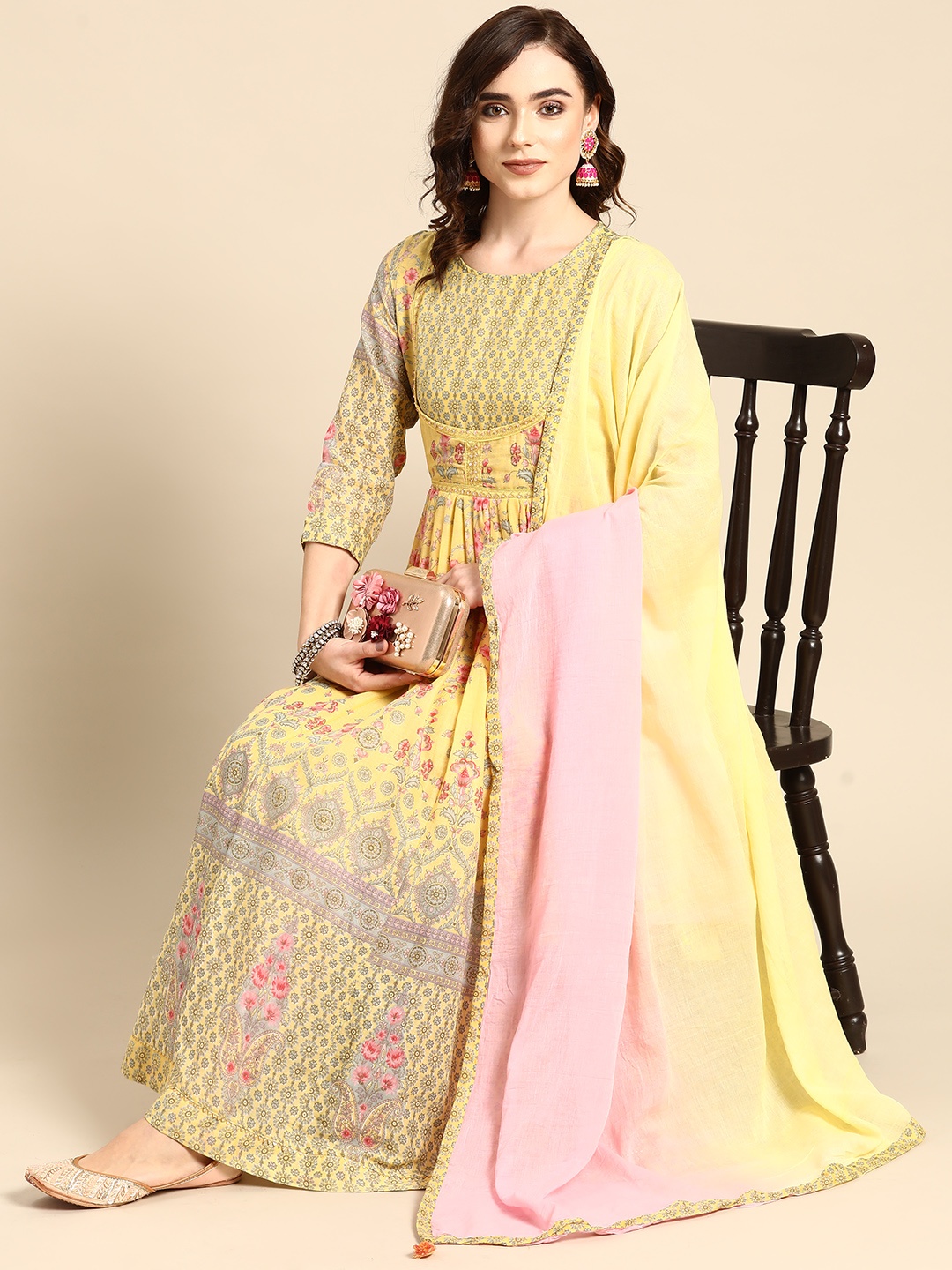 

Sangria Women Yellow & Pink Floral Printed Anarkali Kurta