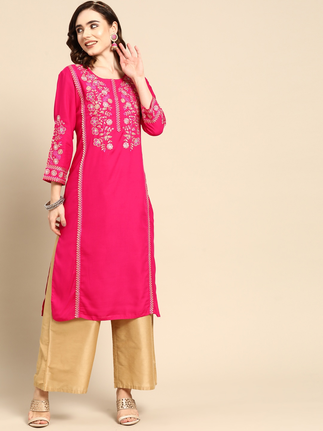 

Sangria Fuchsia Pink & Mustard Yellow Embroidered Kurta