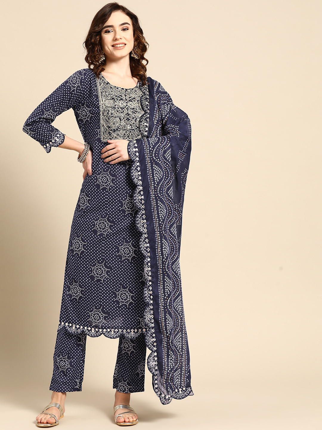 

Sangria Women Printed Pure Cotton Kurta with Trousers & With Dupatta, Navy blue